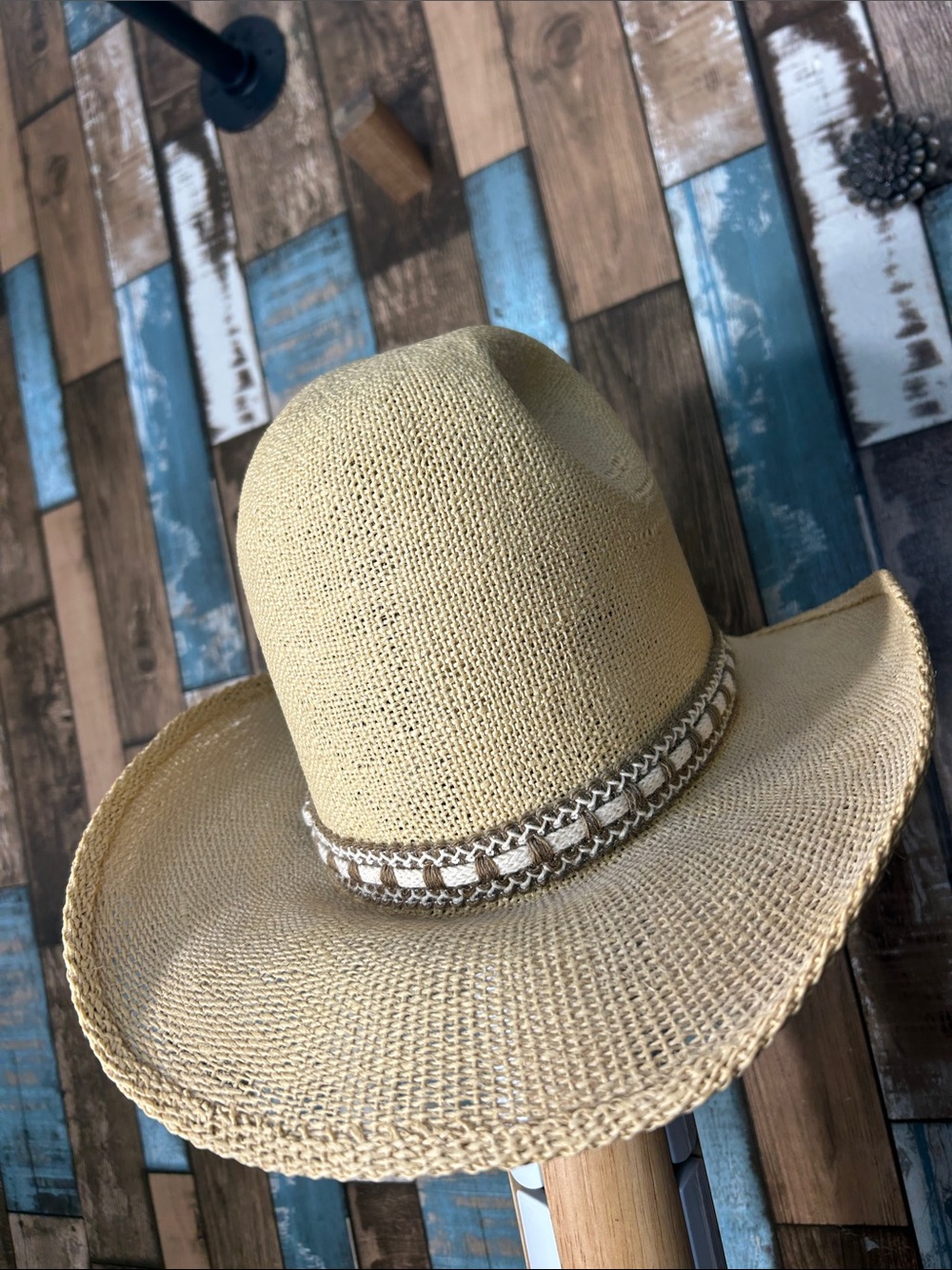 Tall Wide Brim Straw Sun Hat with Decorative Band - Natural